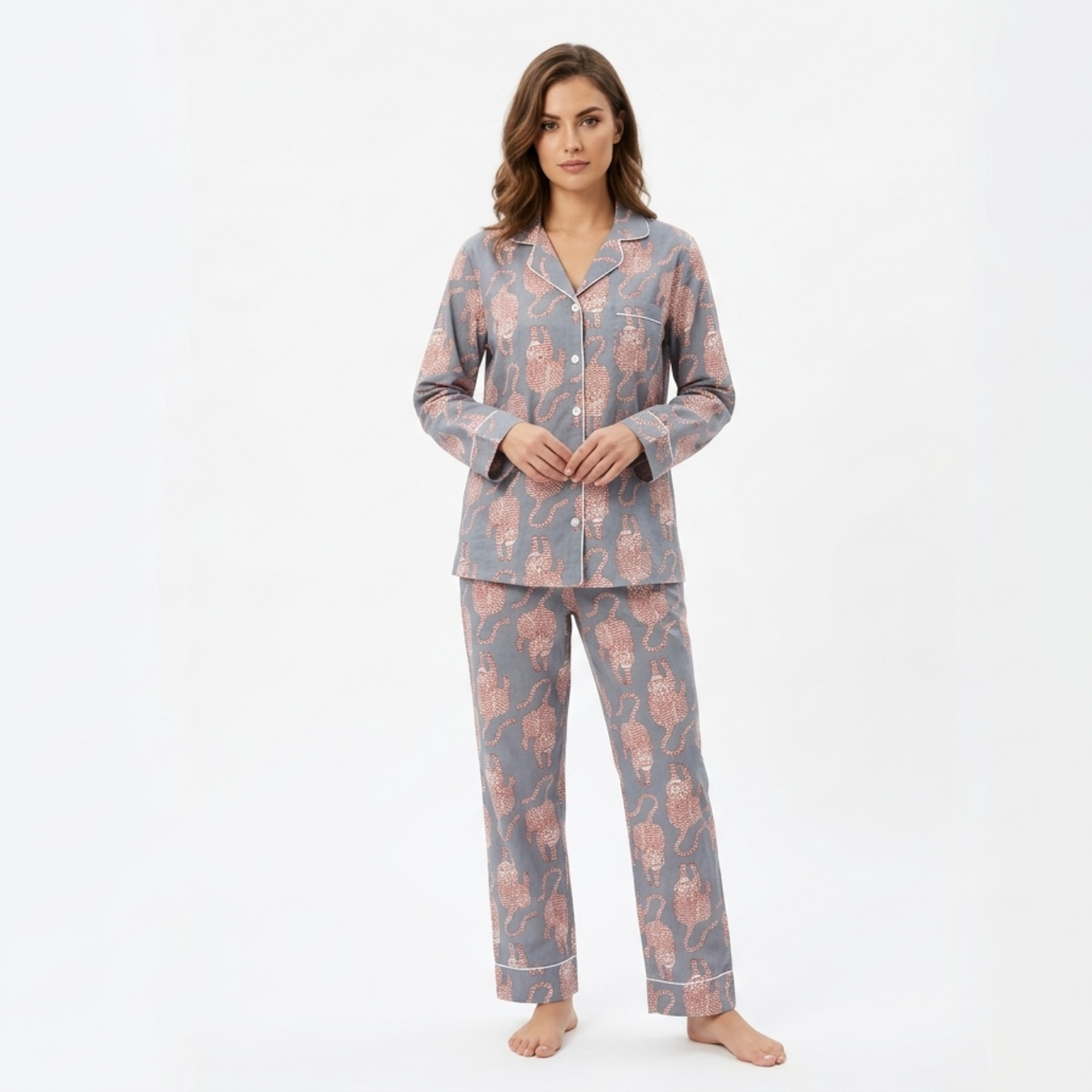 Women’s Grey Royal Tiger Print Cotton Night Suit Set – Elegant Two Piece Pajama Set
