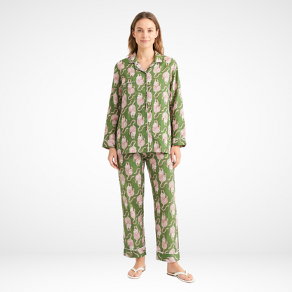 Women’s Garden Green Tiger Print Cotton Night Suit Set - – Elegant Two Piece Pajama Set