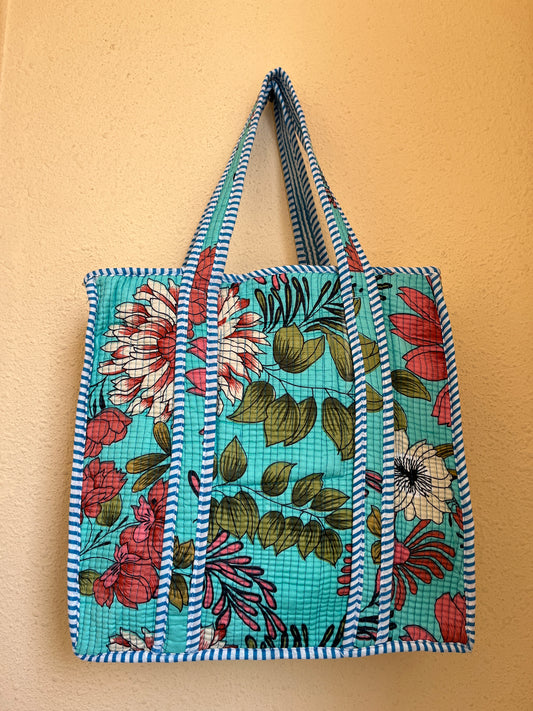 Mint Blue Floral-2 Quilted Mini Tote Bag 14X14
