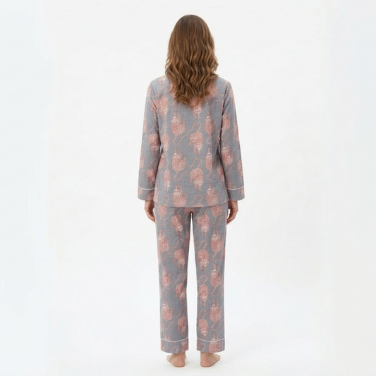 Women’s Grey Royal Tiger Print Cotton Night Suit Set – Elegant Two Piece Pajama Set