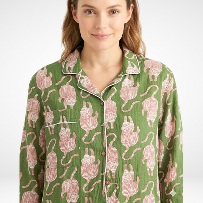 Women’s Garden Green Tiger Print Cotton Night Suit Set - – Elegant Two Piece Pajama Set