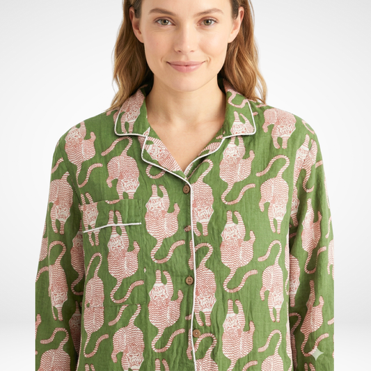 Women’s Garden Green Tiger Print Cotton Night Suit Set - – Elegant Two Piece Pajama Set