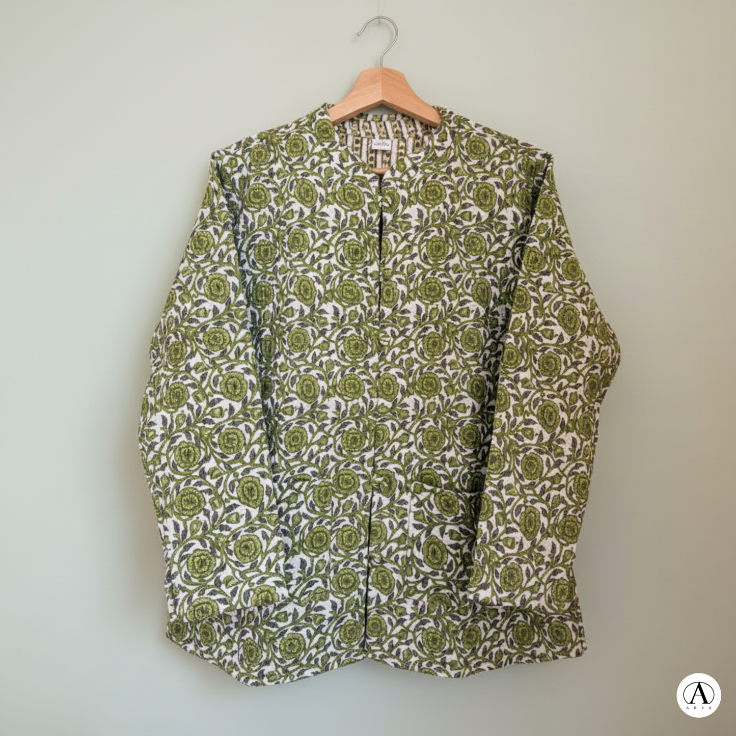 Lush Green Bloom – Long Cotton Quilted Reversible Jacket
