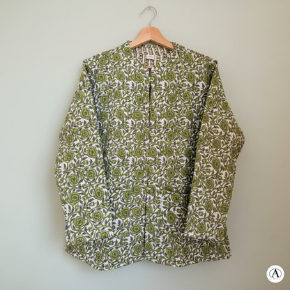 Lush Green Bloom – Long Cotton Quilted Reversible Jacket