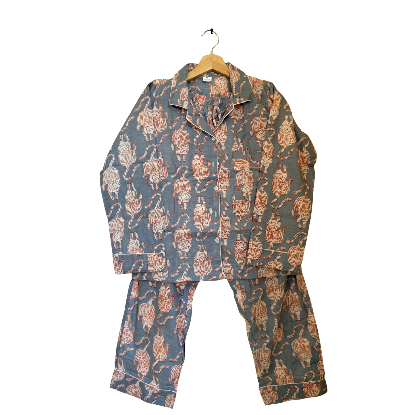 Women’s Grey Royal Tiger Print Cotton Night Suit Set – Elegant Two Piece Pajama Set
