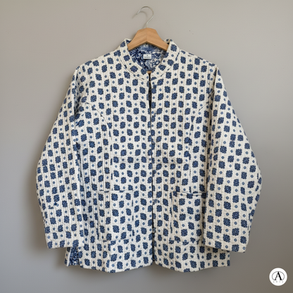 Sky Blue Petals – Long Cotton Quilted Reversible Jacket