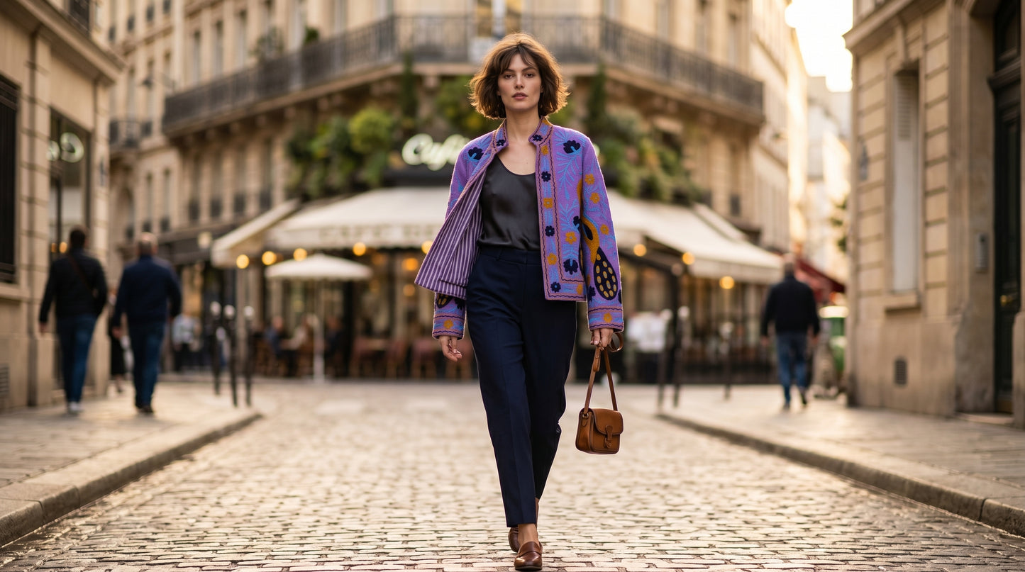 Women's Blue Suzani Reversible Jacket – Artistic Embroidered Statement Jacket