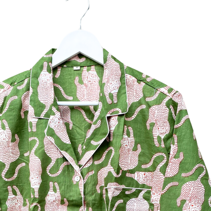 Women’s Garden Green Tiger Print Cotton Night Suit Set - – Elegant Two Piece Pajama Set