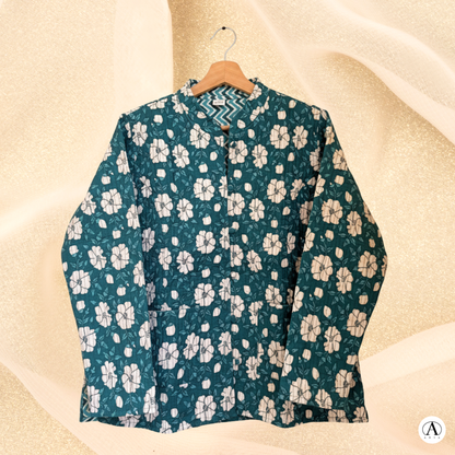 Emerald Green Bloom – Long Cotton Quilted Reversible Jacket