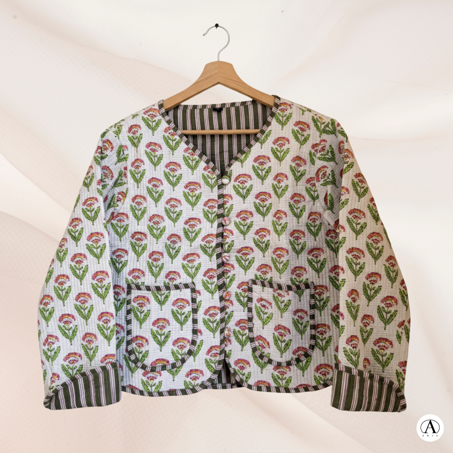 White Winter Bloom - Cotton Quilted Reversible Jacket