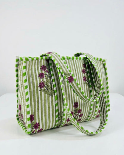 Green flower Quilted Mini Tote Bag 10X12