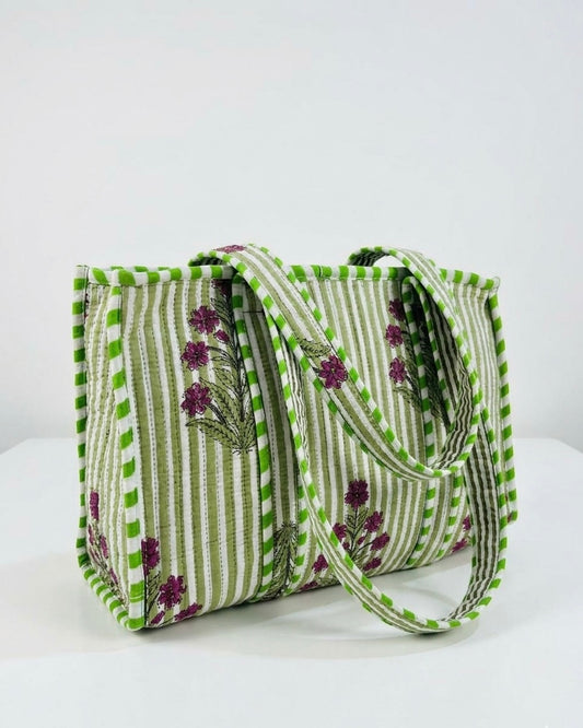 Green flower Quilted Mini Tote Bag 10X12