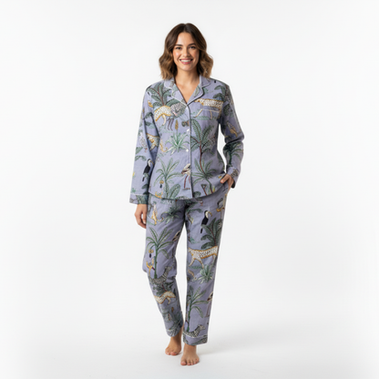 Women's Grey Safari Print Cotton Night Suit Set – Elegant Two Piece Pajama Set