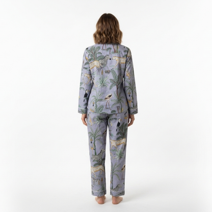 Women's Grey Safari Print Cotton Night Suit Set – Elegant Two Piece Pajama Set