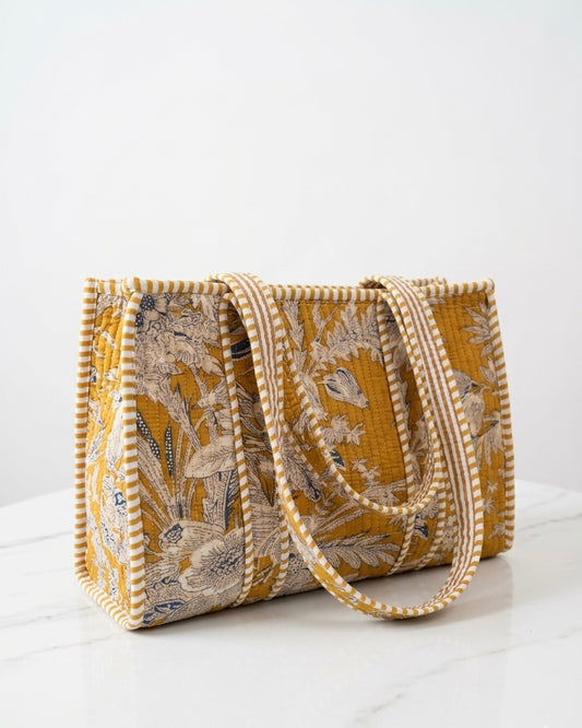 Yellow Floral -2 Quilted Mini Tote Bag 10X12