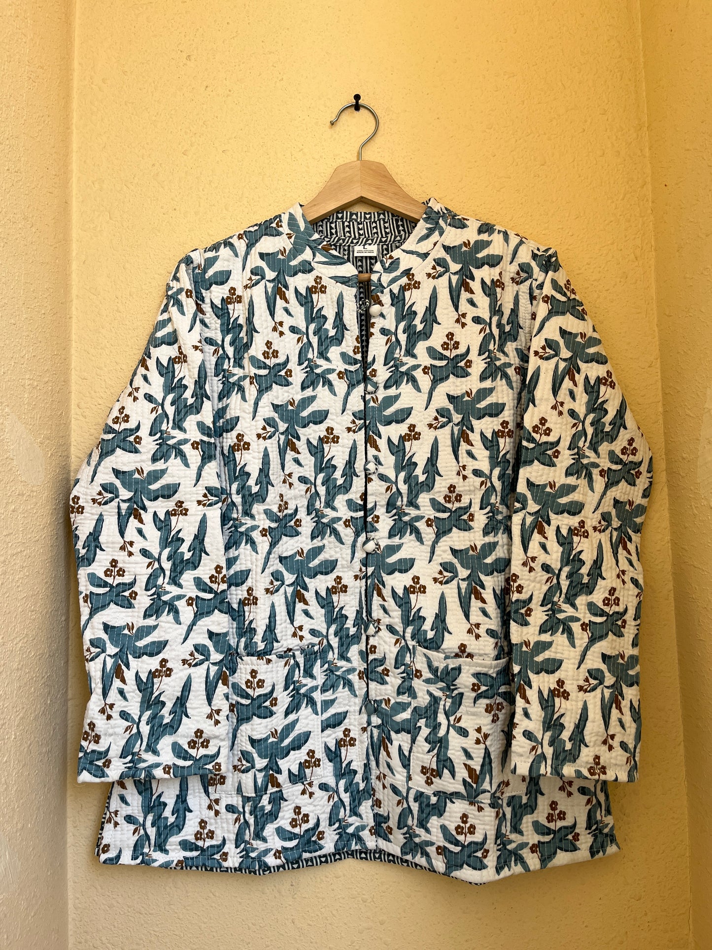 Blue Vine Petals – Long Blue Patchwork Cotton Quilted Reversible Jacket