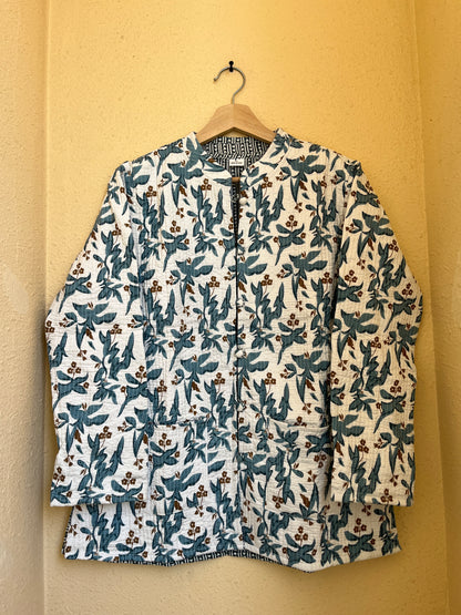 Blue Vine Petals – Long Blue Patchwork Cotton Quilted Reversible Jacket