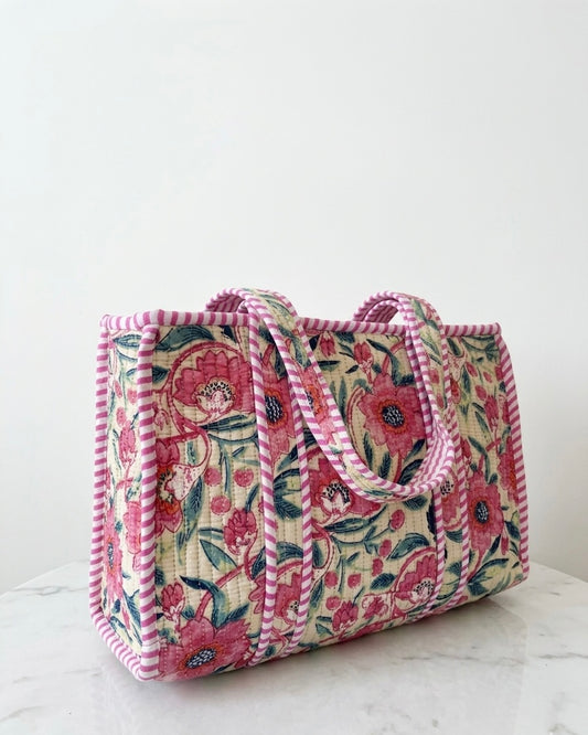 Pink floral-1 Quilted Mini Tote Bag 10X12