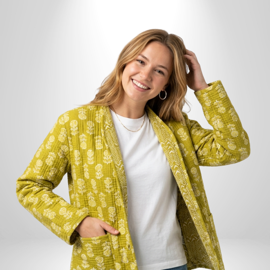 Mustard yellow – Long Cotton Quilted Reversible Jacket