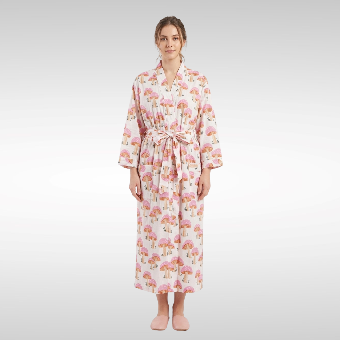 Pink mushroom party women's cotton kimono lightweight 
lounge robe. Whimsical botanical mushroom print cotton dressing gown.