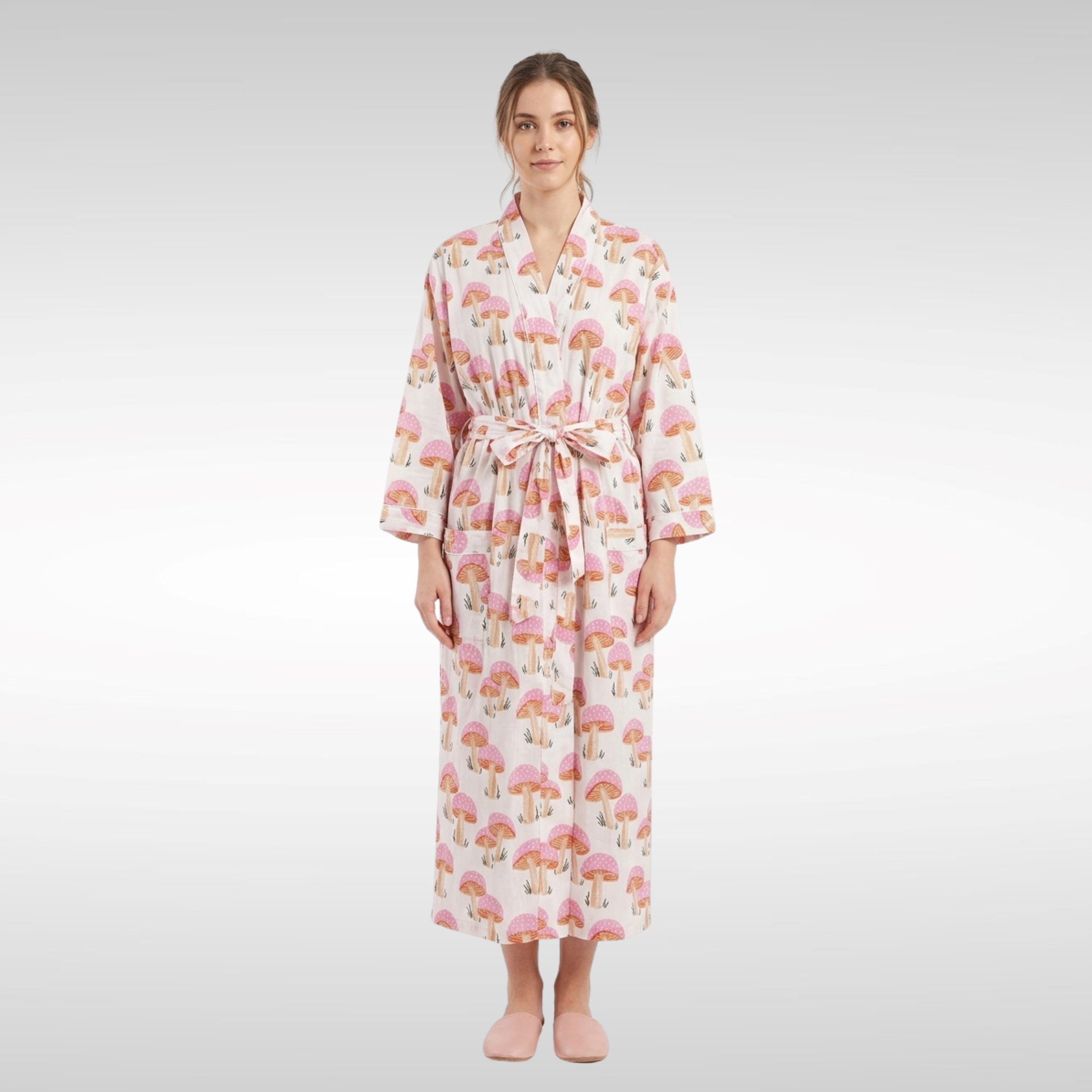 Pink mushroom party women's cotton kimono lightweight 
lounge robe. Whimsical botanical mushroom print cotton dressing gown.