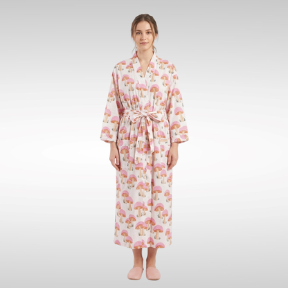 Pink mushroom party women's cotton kimono lightweight 
lounge robe. Whimsical botanical mushroom print cotton dressing gown.