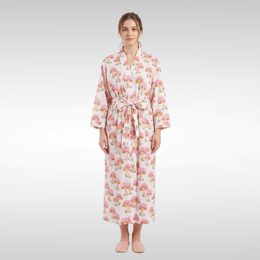 Pink mushroom party women's cotton kimono lightweight 
lounge robe. Whimsical botanical mushroom print cotton dressing gown.