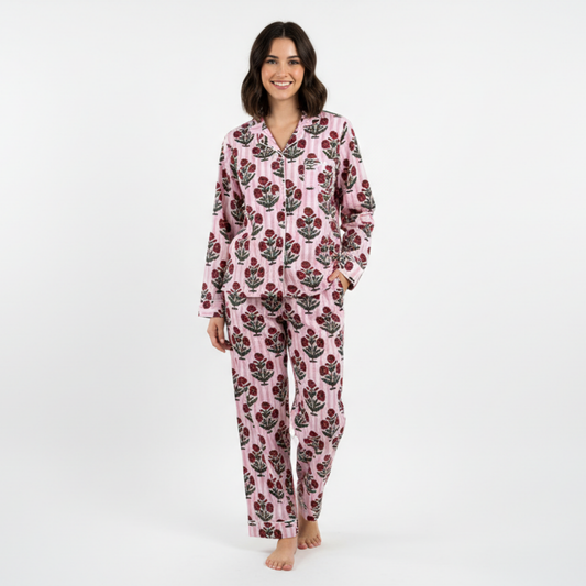 Women’s Pink Mini Flower Bunch Print Cotton Night Suit Set – Elegant Two Piece Pajama Set