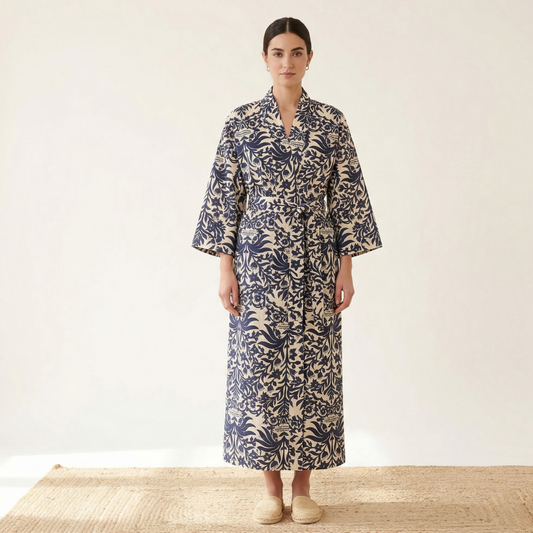 Indigo Blue Vine Muse – Women’s Cotton Kimono