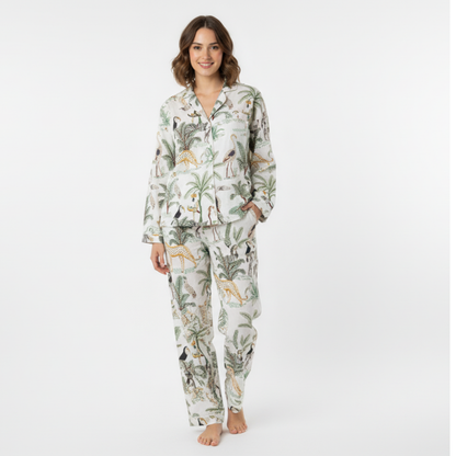 Women's White Safari Print Cotton Night Suit Set – Elegant Two Piece Pajama Set