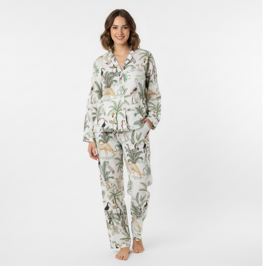 Women's White Safari Print Cotton Night Suit Set – Elegant Two Piece Pajama Set