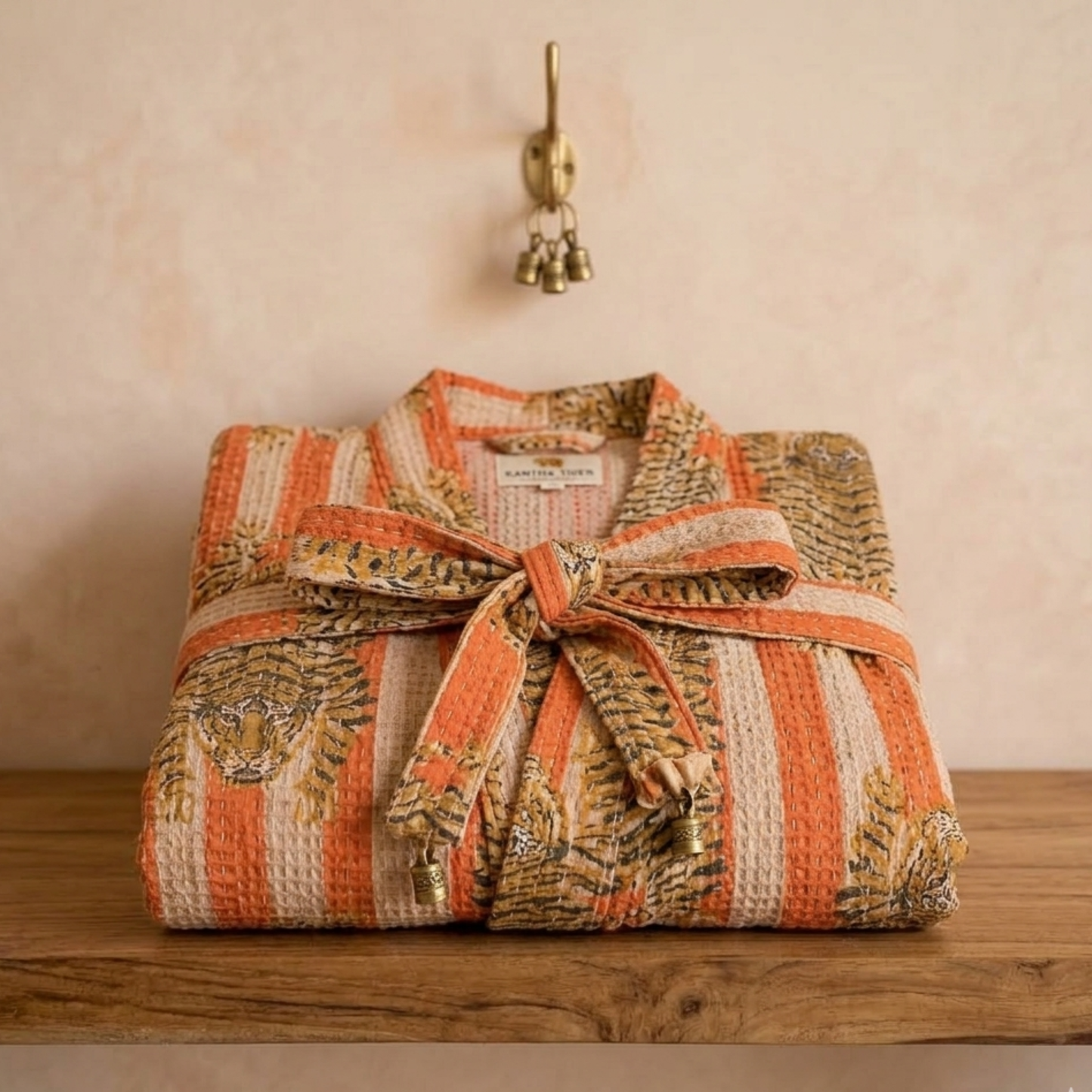 Bold Orange & Off-White Stripe Tiger Waffle Bathrobe – Luxury Spa Robe