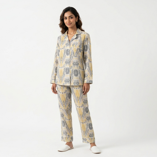 Women's Yellow Ikkat Print Cotton Night Suit Set – Elegant Two Piece Pajama Set