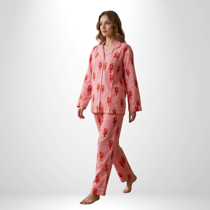 Women's Pink Lobster Love Cotton Night Suit Set – Elegant Two Piece Pajama Set