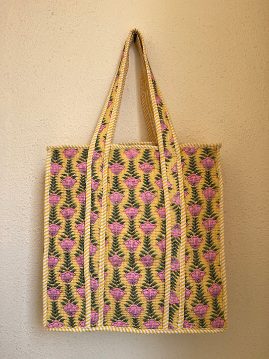 Yellow pink Floral Quilted Mini Tote Bag 14X14