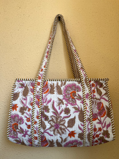 White Floral Quilted Mini Tote Bag 10X12
