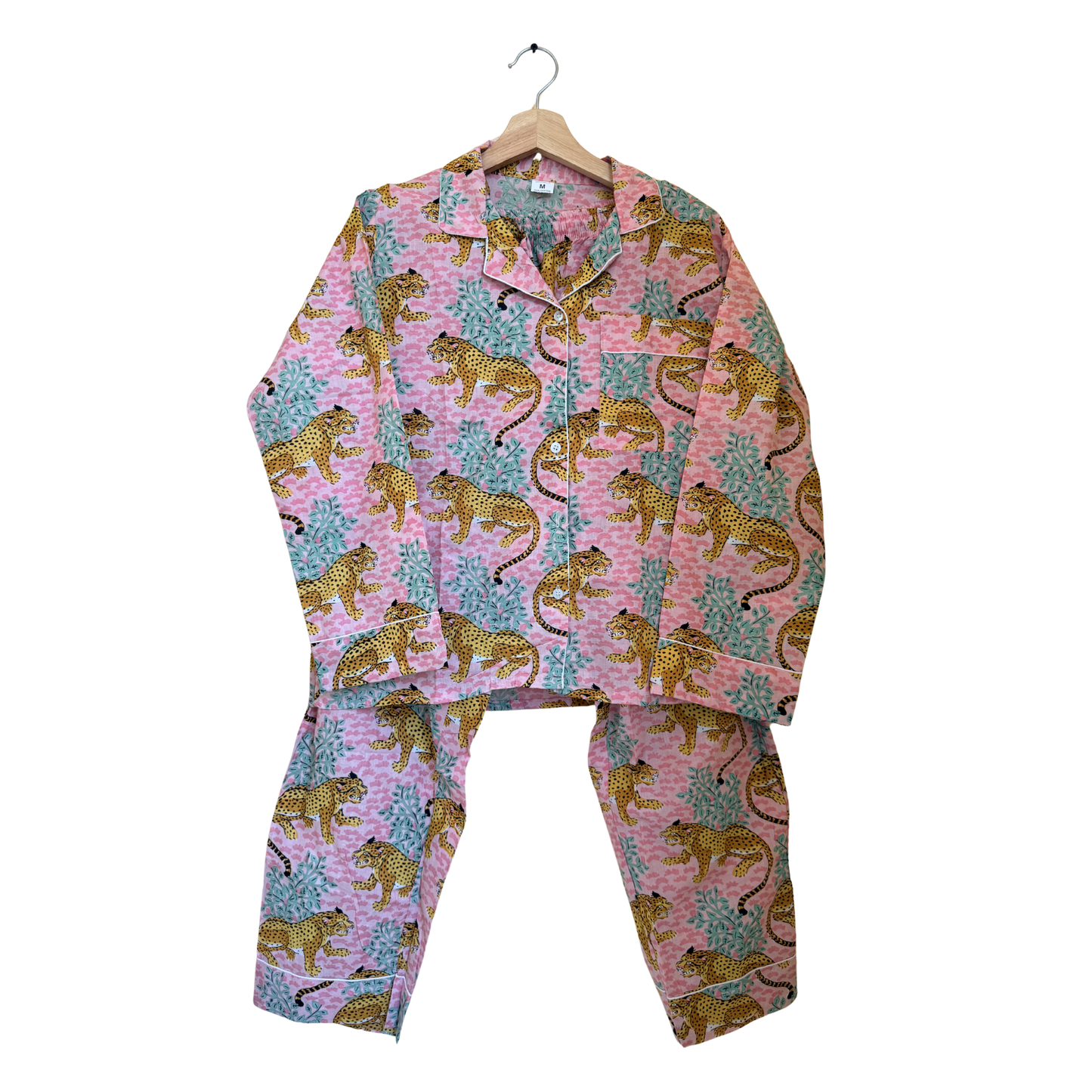 Women’s Pink & Blue Leopard Print Cotton Night Suit Set – Elegant Two Piece Pajama Set