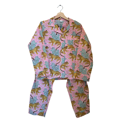 Women’s Pink & Blue Leopard Print Cotton Night Suit Set – Elegant Two Piece Pajama Set