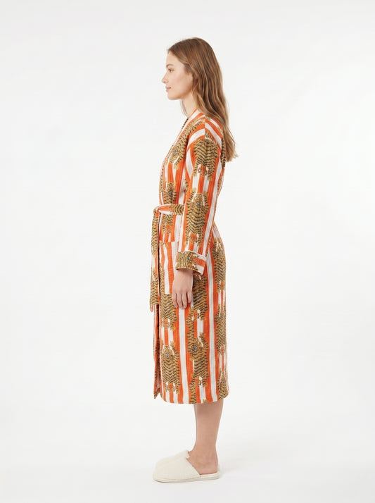 Bold Orange & White Stripe Tiger Waffle Bathrobe – Luxury Spa Robe