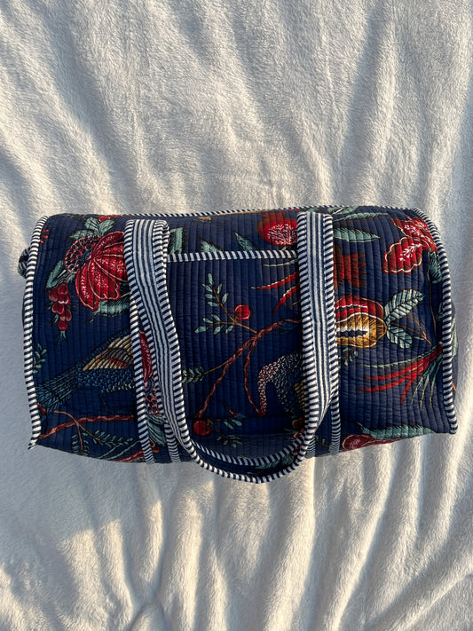 Navy Blue Print Quilted Cotton Duffle Bag – Lightweight Travel Weekender