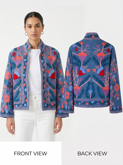 Women's Light Blue Suzani Reversible Jacket – Artistic Embroidered Statement Jacket