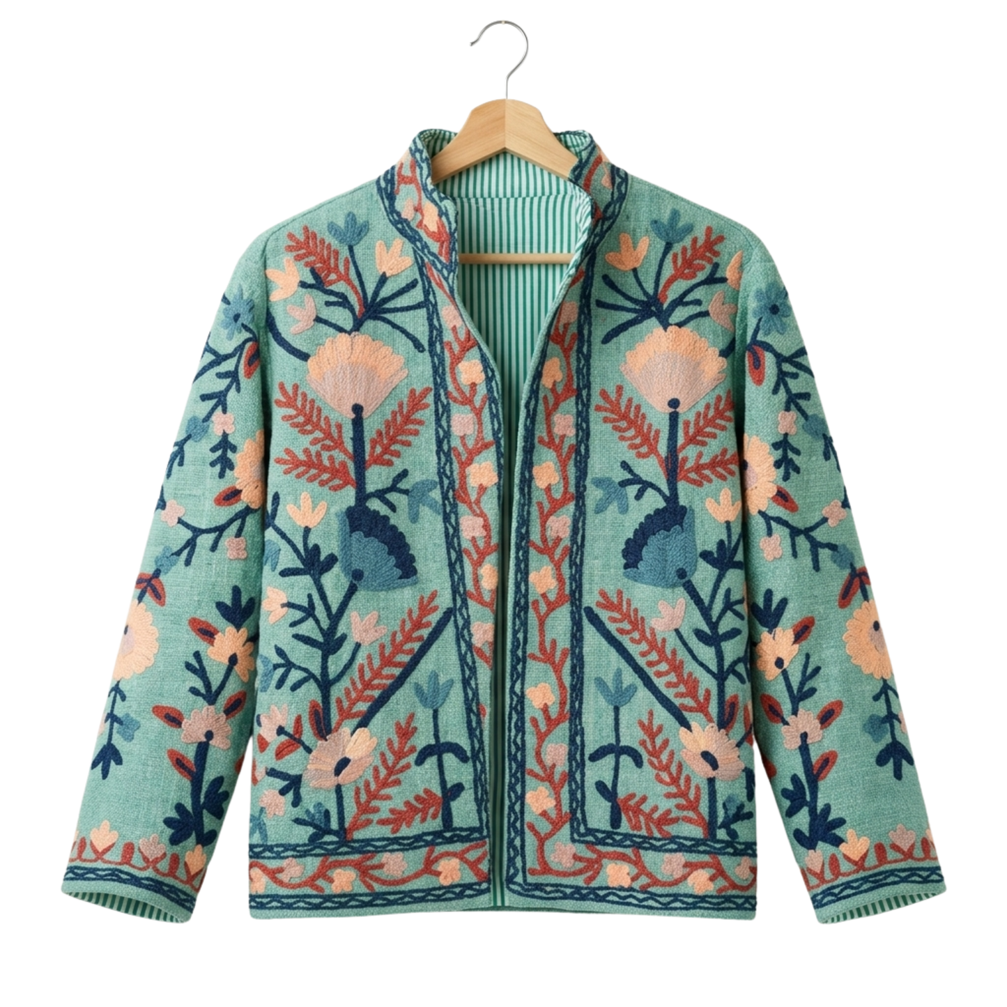 Women’s Emerald Green Suzani Reversible Cotton Jacket – Artistic Embroidered Statement Jacket
