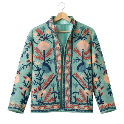 Women’s Emerald Green Suzani Reversible Cotton Jacket – Artistic Embroidered Statement Jacket