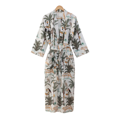 White safari women's cotton kimono. Clean white lightweight
 cotton robe featuring detailed safari animal and jungle illustrations.