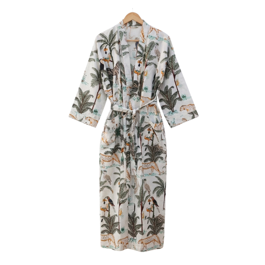 White safari women's cotton kimono. Clean white lightweight
 cotton robe featuring detailed safari animal and jungle illustrations.