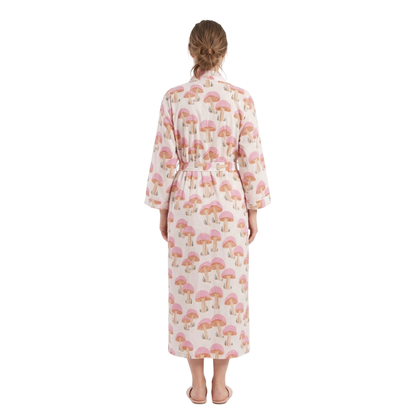 Pink mushroom party women's cotton kimono lightweight 
lounge robe. Whimsical botanical mushroom print cotton dressing gown.