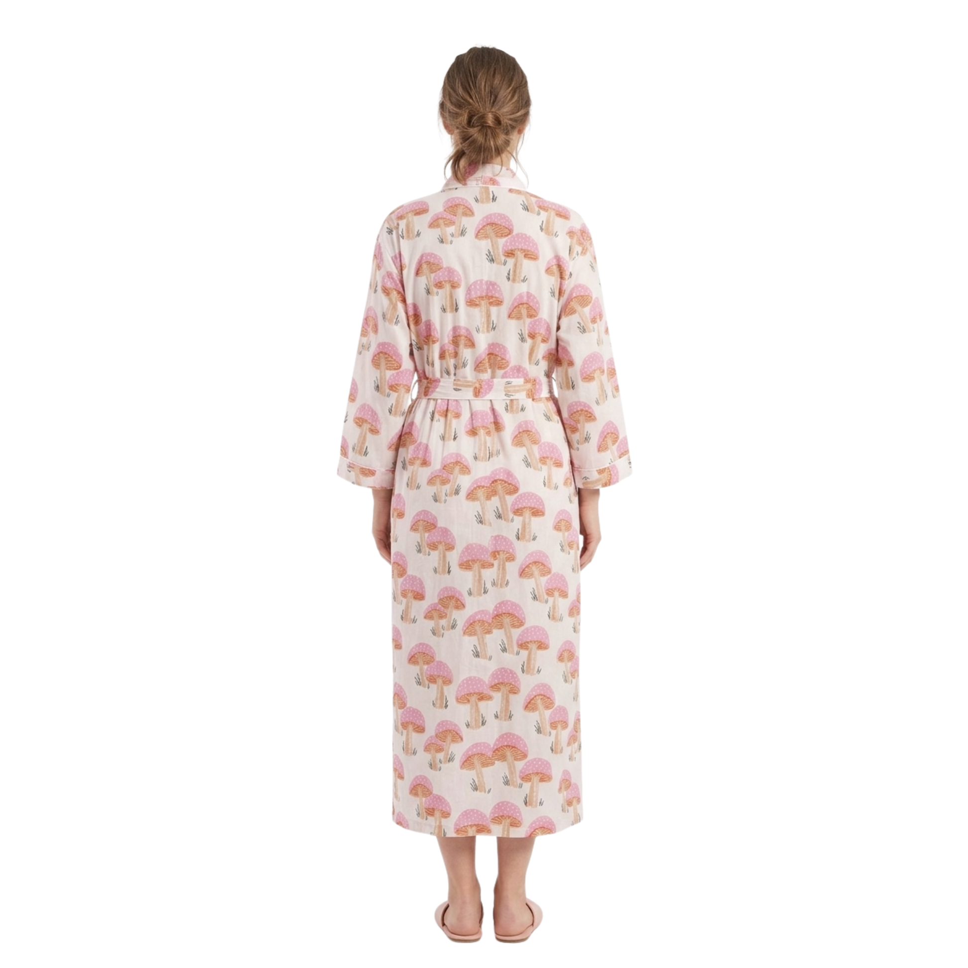 Pink mushroom party women's cotton kimono lightweight 
lounge robe. Whimsical botanical mushroom print cotton dressing gown.