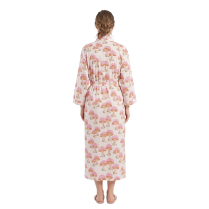 Pink mushroom party women's cotton kimono lightweight 
lounge robe. Whimsical botanical mushroom print cotton dressing gown.