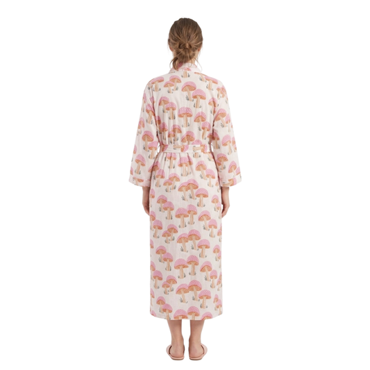 Pink mushroom party women's cotton kimono lightweight 
lounge robe. Whimsical botanical mushroom print cotton dressing gown.