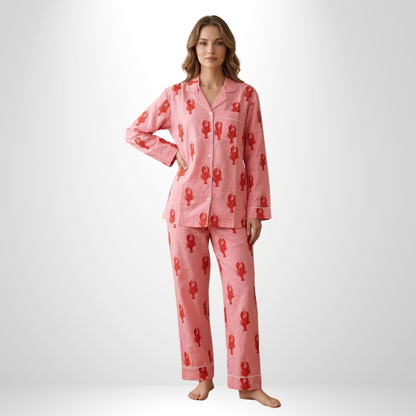 Women's Pink Lobster Love Cotton Night Suit Set – Elegant Two Piece Pajama Set